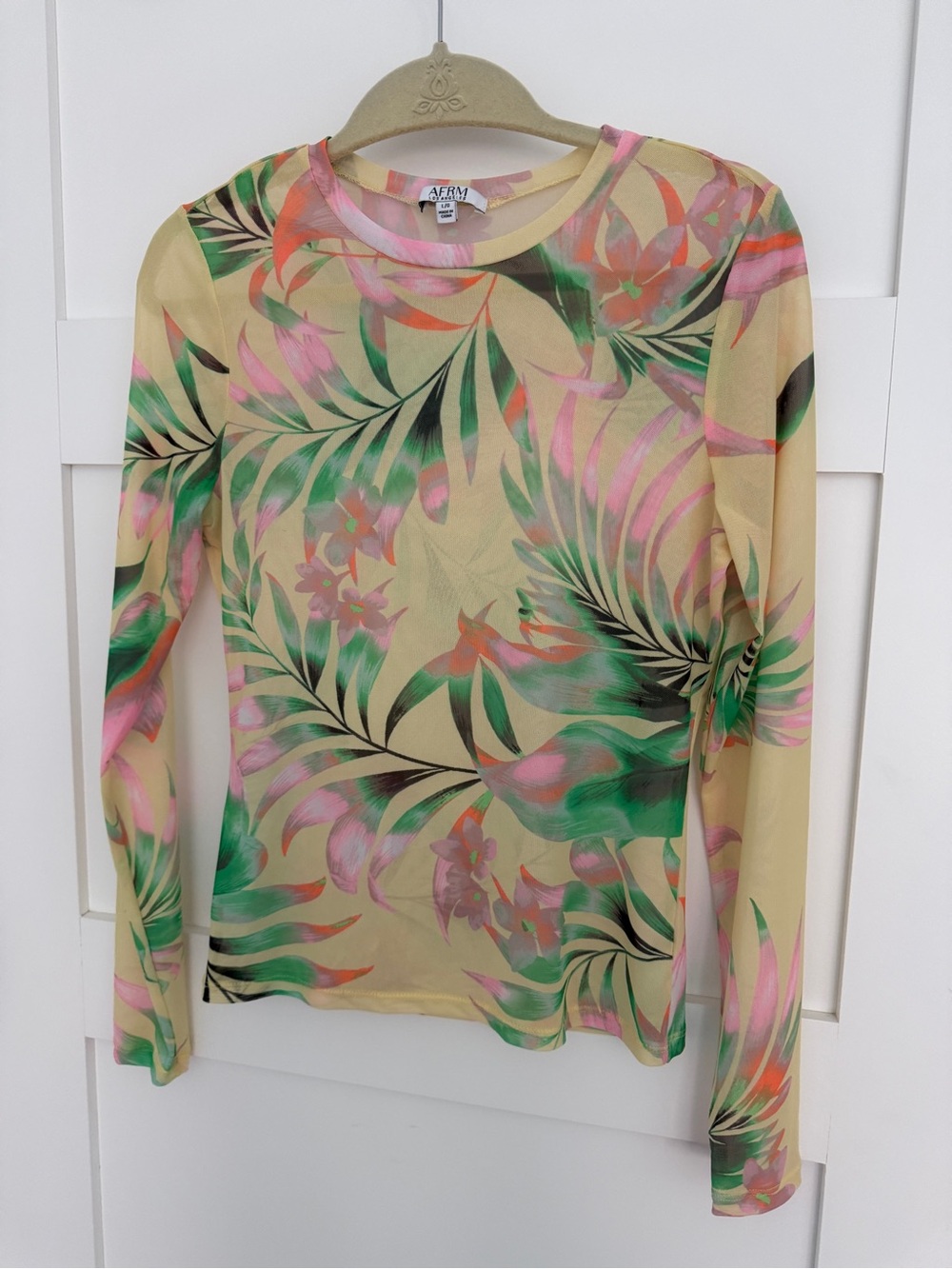 AFRM Sheer Tropical-Print Long Sleeve Top in Yellow, Green & Pink